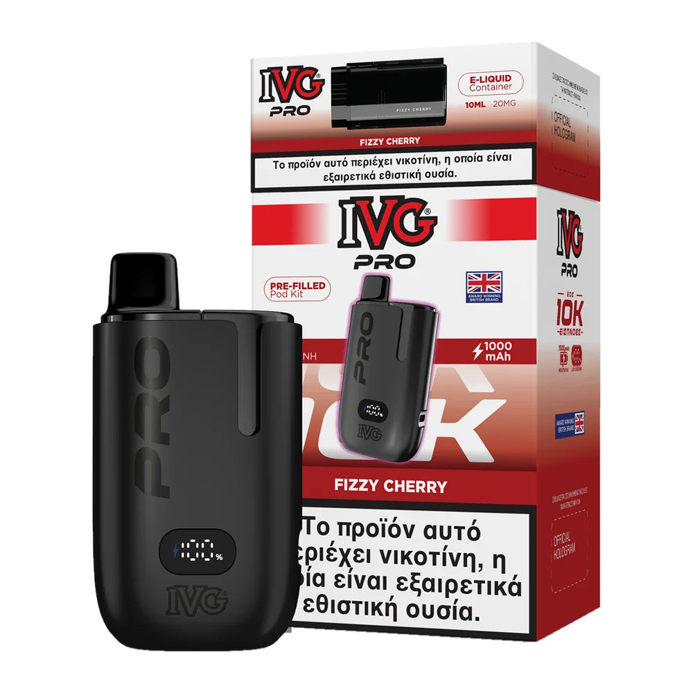 IVG Pro 10K Fizzy Cherry kit: μαύρη συσκευή με προγεμισμένο pod 2ml και δοχείο 10ml, 20mg