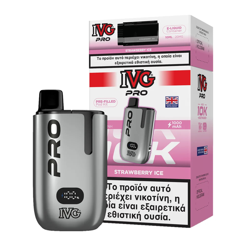 IVG Pro 10K Strawberry Ice kit: ασημί συσκευή με προγεμισμένο pod 2ml και δοχείο 10ml, 20mg