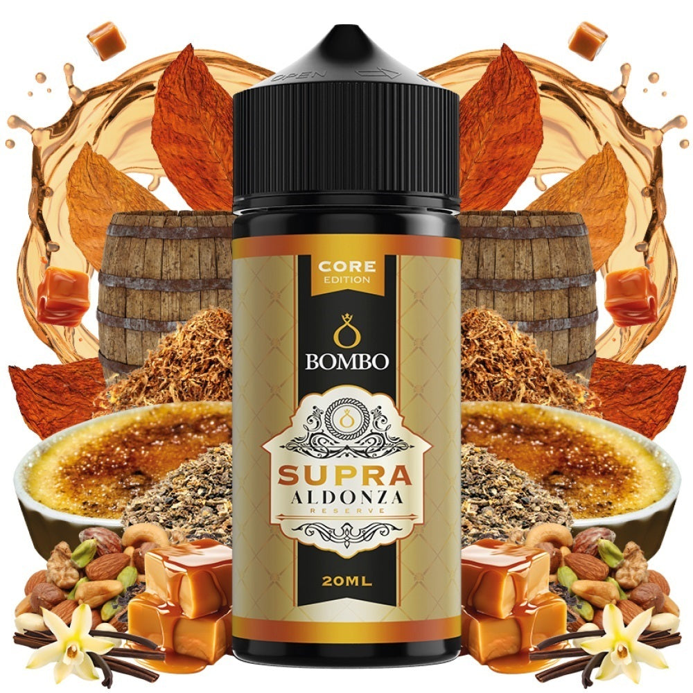 Φιάλη Bombo Platinum Tobaccos Supra Aldonza Core Edition 20ml με ξύλινα βαρέλια, φύλλα καπνού και καραμέλα.