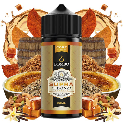 Φιάλη Bombo Platinum Tobaccos Supra Aldonza Core Edition 20ml με ξύλινα βαρέλια, φύλλα καπνού και καραμέλα.