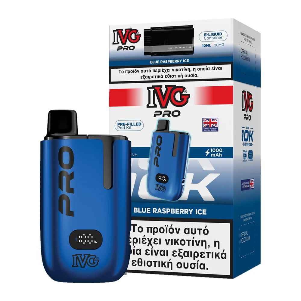 IVG Pro 10K Blue Raspberry Ice kit: μπλε συσκευή με προγεμισμένο pod 2ml και δοχείο 10ml, 20mg