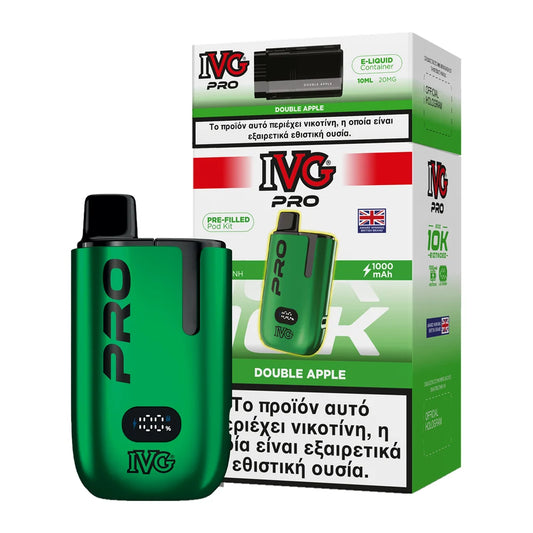 IVG Pro 10K Double Apple kit: πράσινη συσκευή με προγεμισμένο pod 2ml και δοχείο 10ml, 20mg