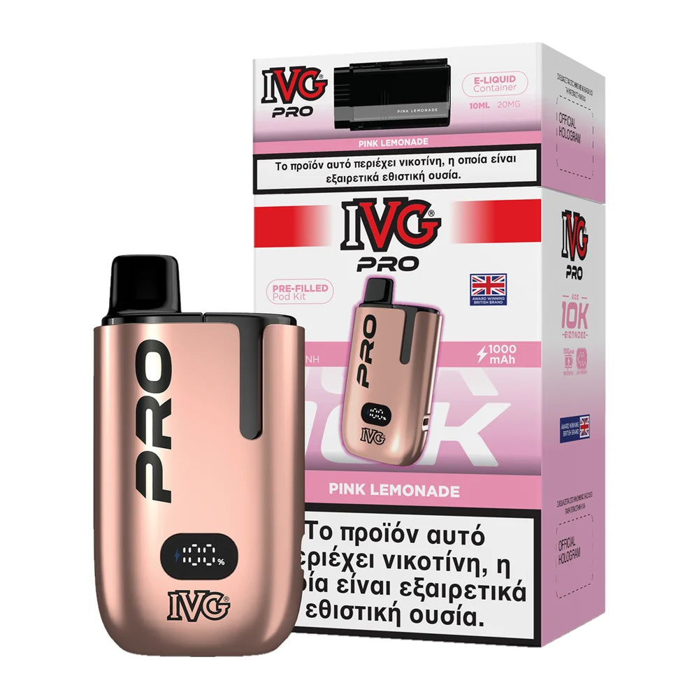 IVG Pro 10K Pink Lemonade kit: ροζ χρυσή συσκευή με προγεμισμένο pod 2ml και δοχείο 10ml, 20mg