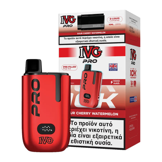 IVG Pro 10K Sour Cherry Watermelon kit: κόκκινη συσκευή με προγεμισμένο pod 2ml και δοχείο 10ml, 20mg
