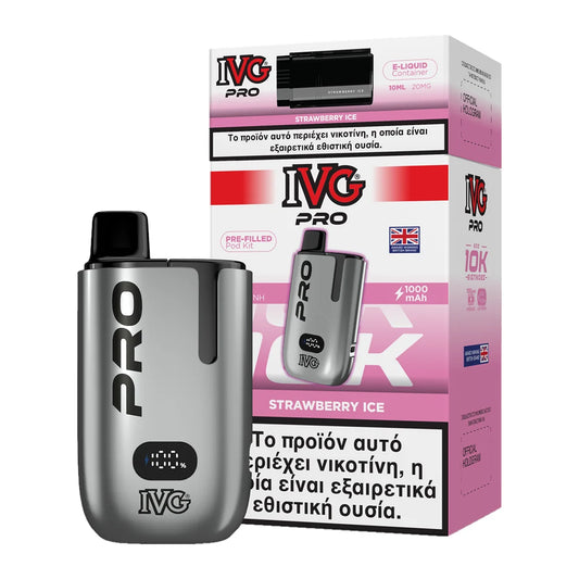 IVG Pro 10K Strawberry Ice kit: ασημί συσκευή με προγεμισμένο pod 2ml και δοχείο 10ml, 20mg